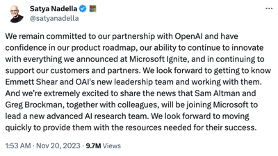 Satya Nadella 发文宣布 Sam Altman 加入微软